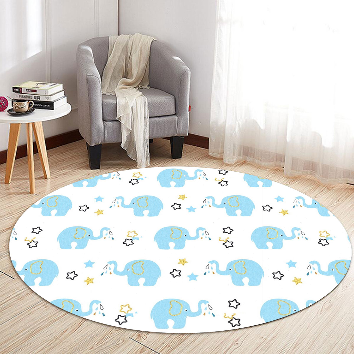 Blue Asian Elephant Round Carpet 6