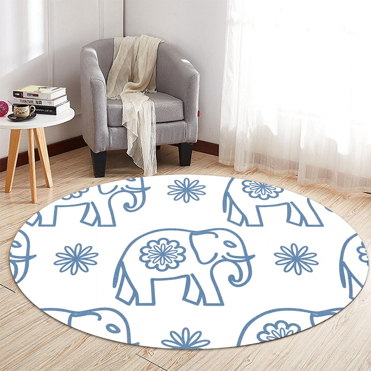 Blue Flower Asian Elephant Round Carpet 6