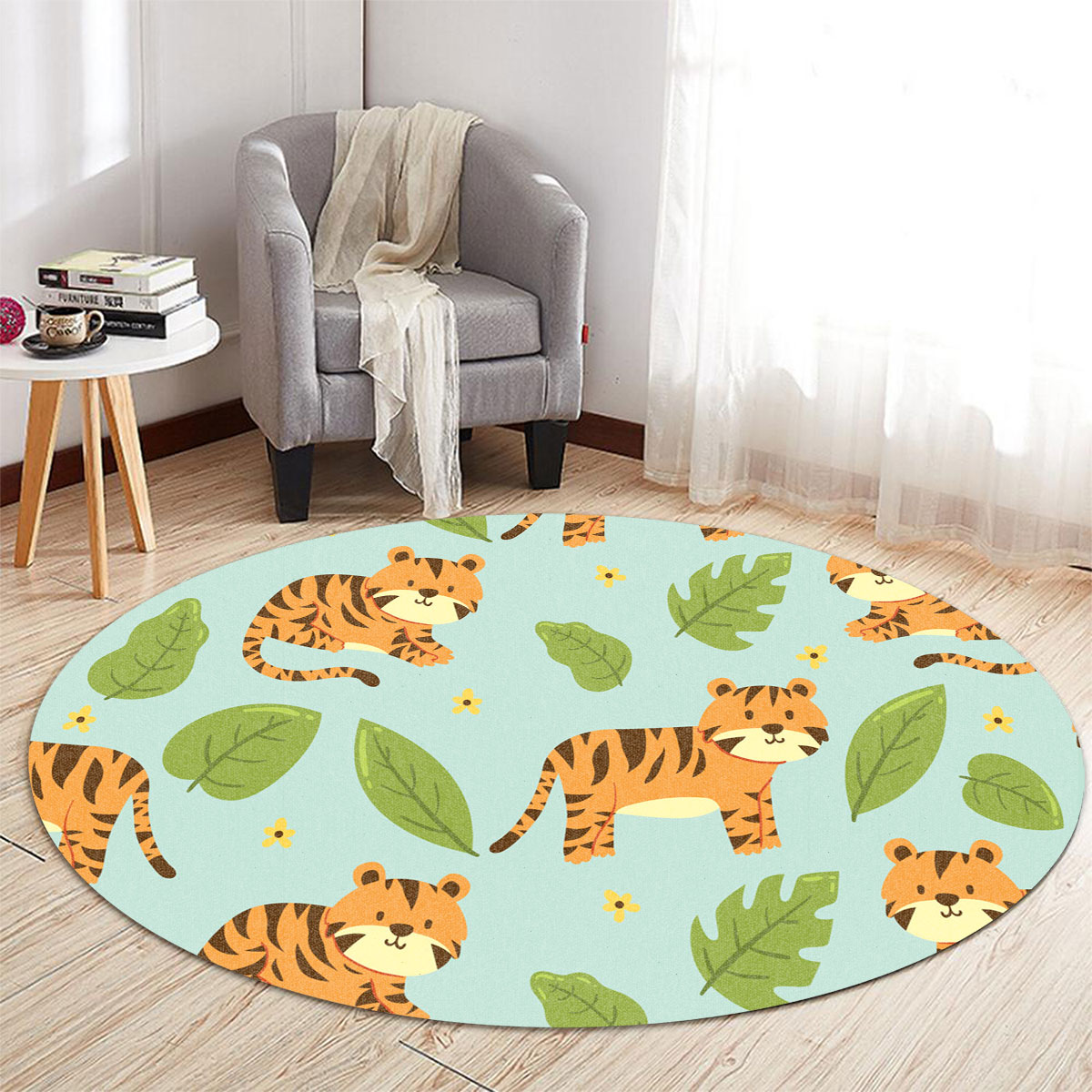 Cartoon Green Leaf Tiger Round Carpet 6
