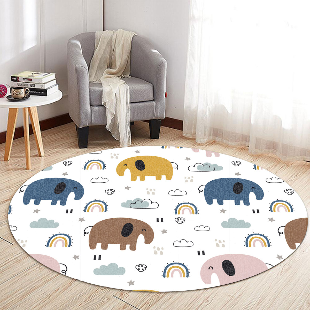 Cartoon Rainforest African Elephant Round Carpet 6