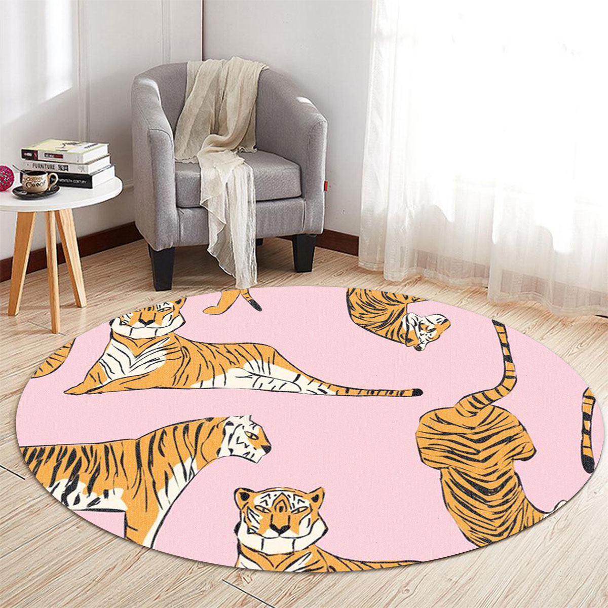 Cartoon Tiger Pink Round Carpet 6