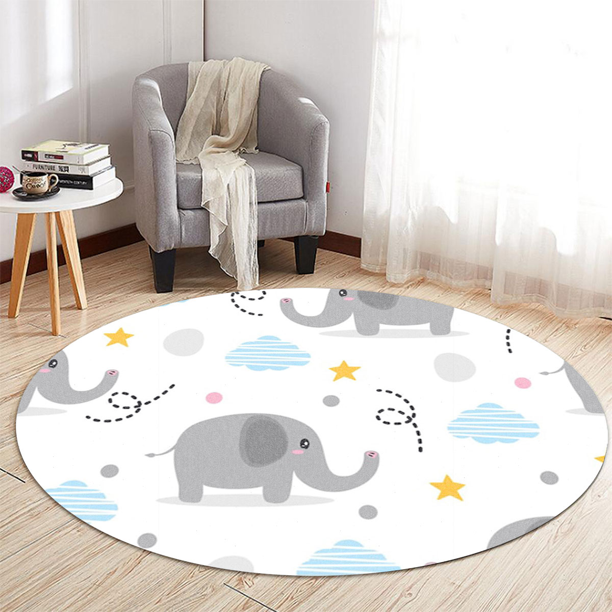 Cute Gray Asian Elephant Round Carpet 6