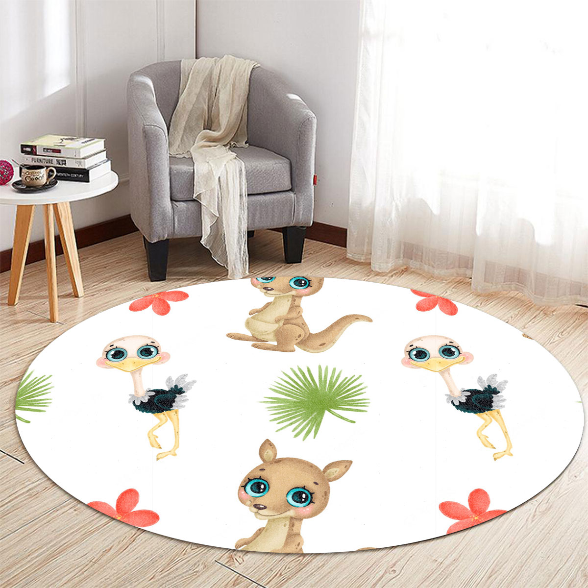 Cute Tropical Ostrich And Kangaroo Round Carpet 6