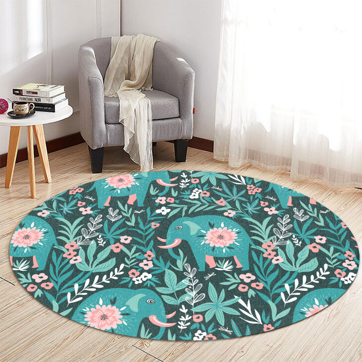 Flower Asian Elephant Round Carpet 6