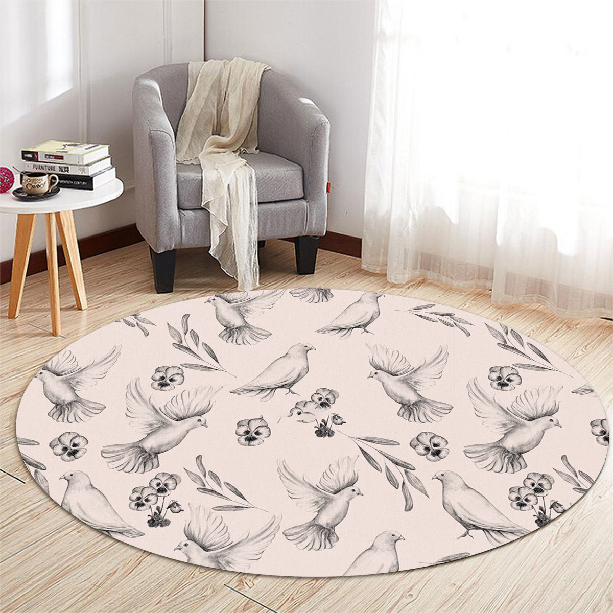 Hand Draw Floral Dove Round Carpet 6