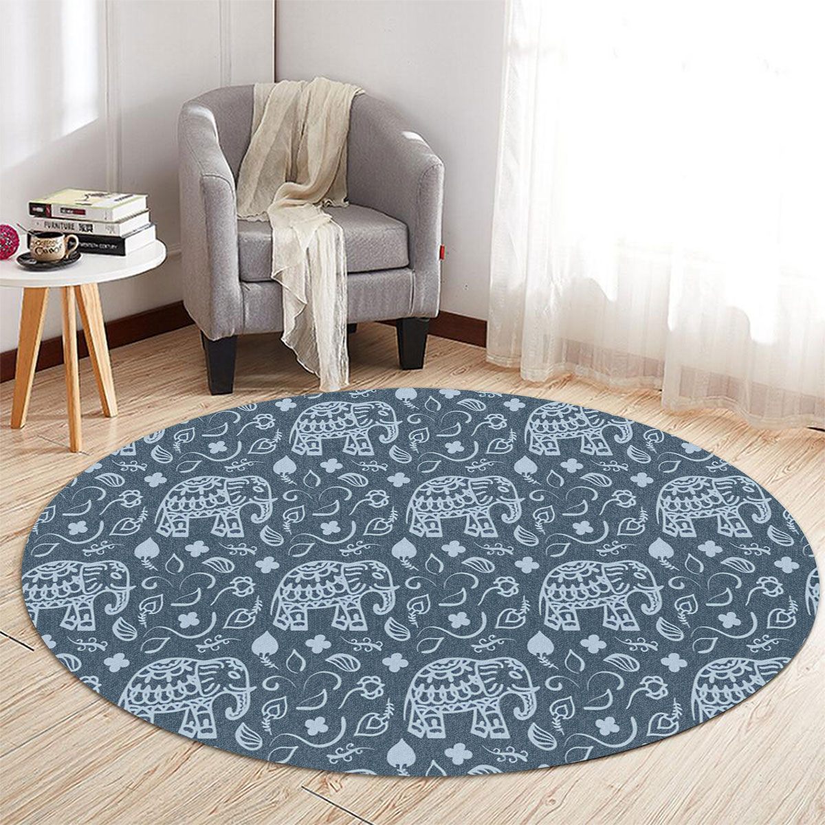 Indian Elephant Blue Round Carpet 6