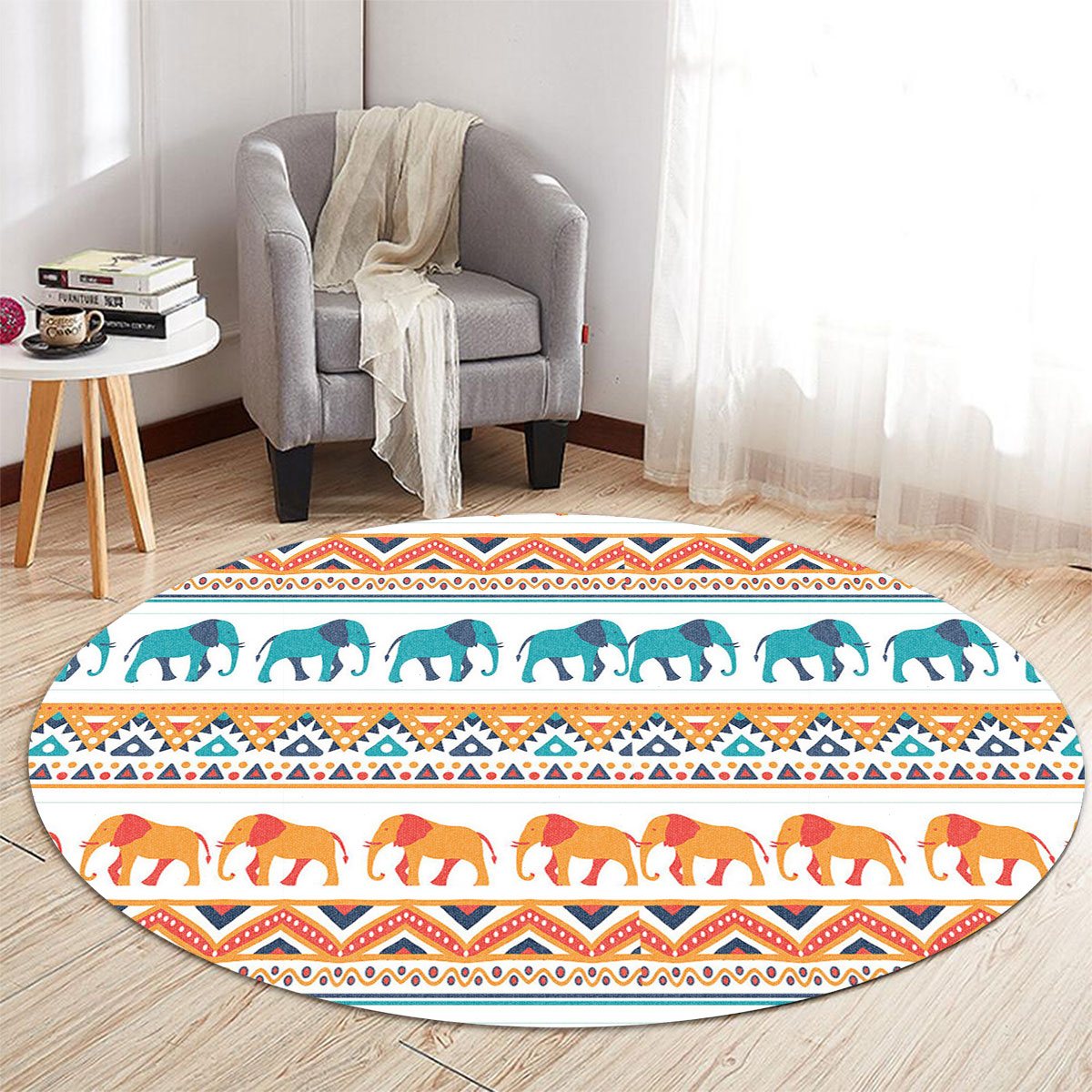 Native Red Blue African Elephant Round Carpet 6