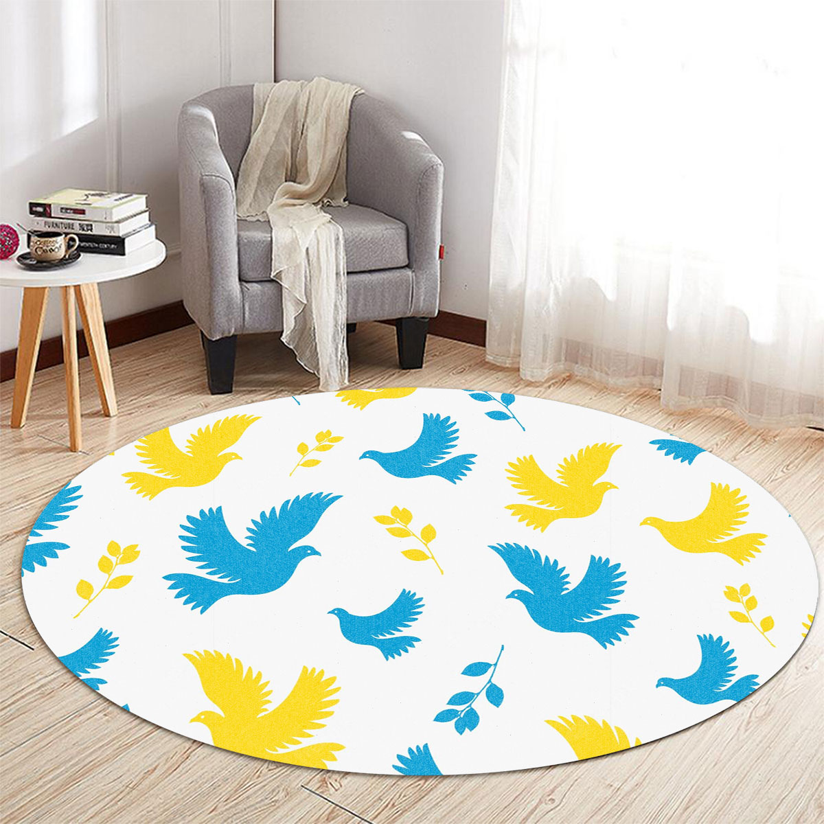 Peace Blue Yellow Dove Flyings Round Carpet 6