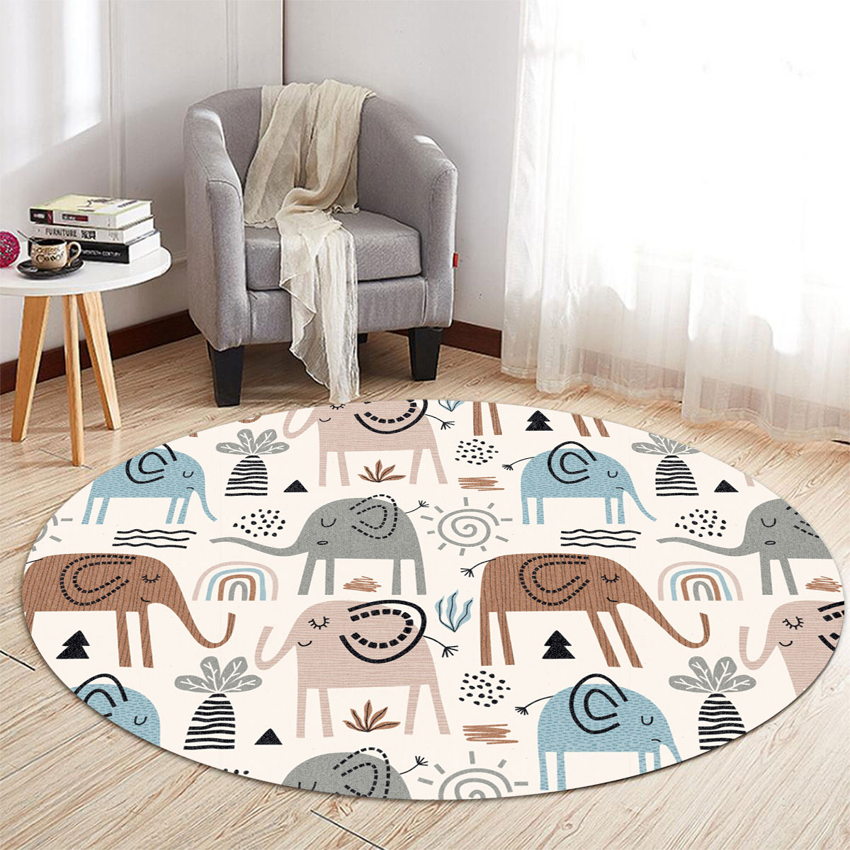 Vintage Asian Elephant Monogram Round Carpet 6