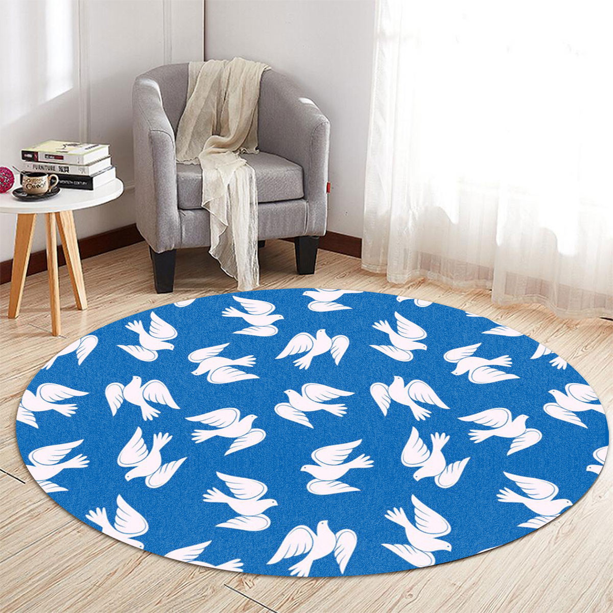 White Dove On Blue Monogram Round Carpet 6