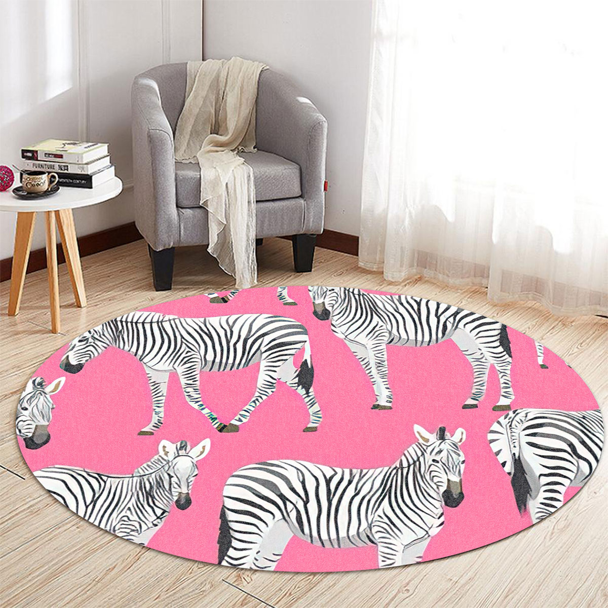 Zebra On Pink Round Carpet 6