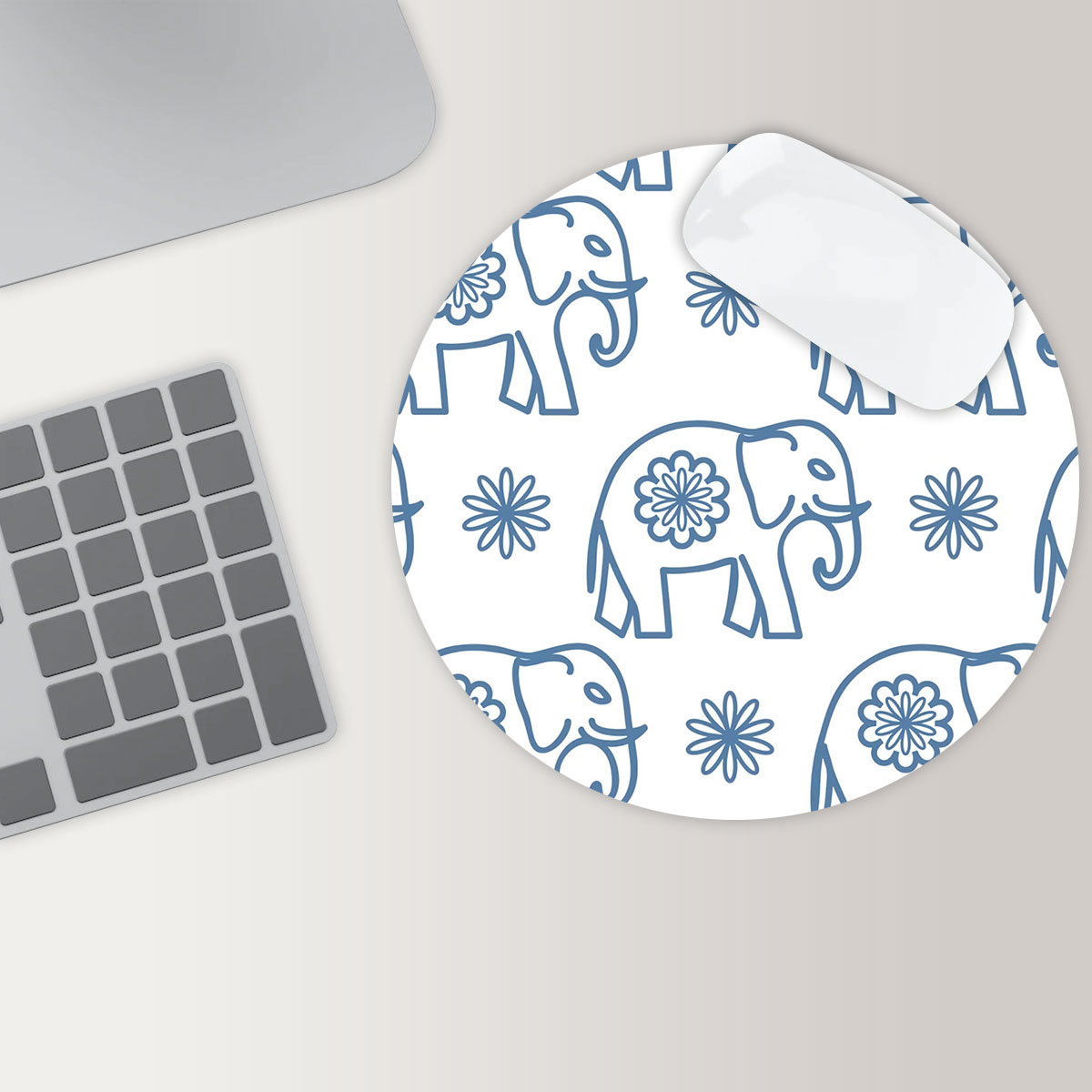 Blue Flower Asian Elephant Round Mouse Pad 6