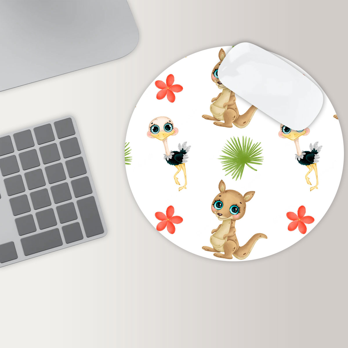 Cute Tropical Ostrich And Kangaroo Round Mouse Pad 6