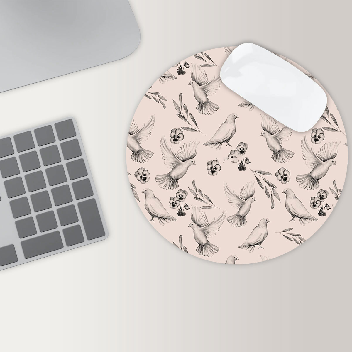 Hand Draw Floral Dove Round Mouse Pad 6