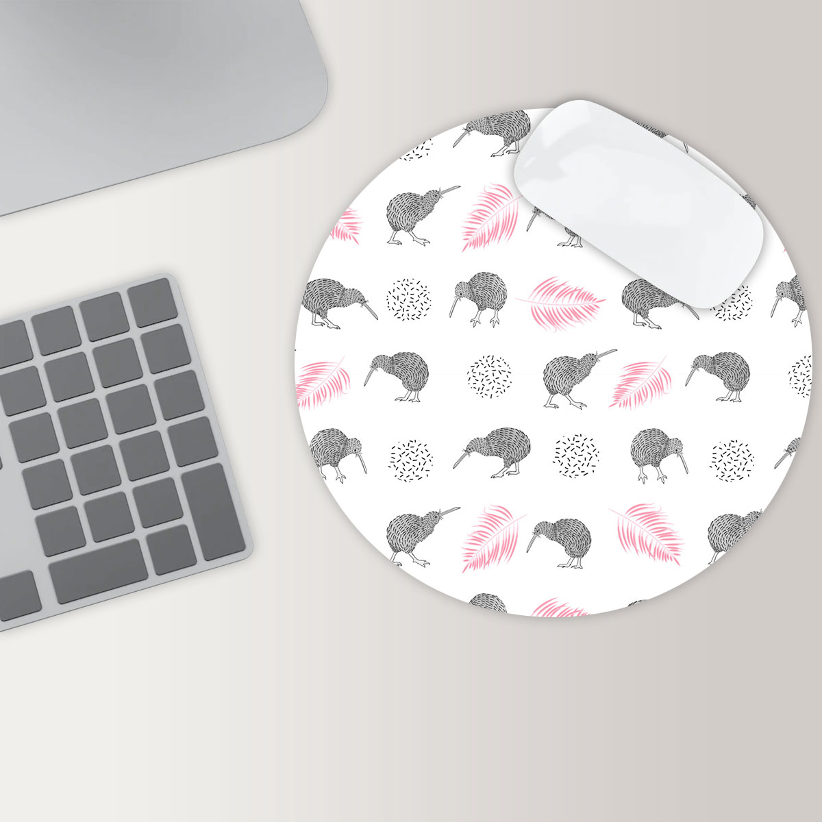 Kiwi Bird And Pink Leaf Round Mouse Pad 6