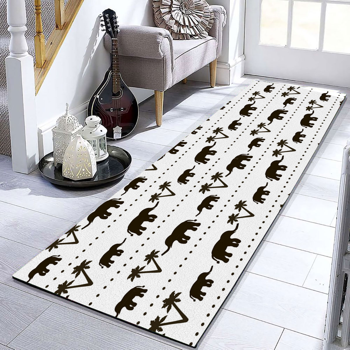 Black And White African Elephant Runner Carpet 6