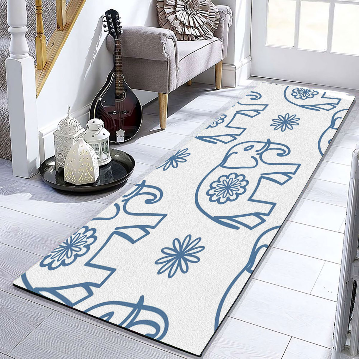 Blue Flower Asian Elephant Runner Carpet 6