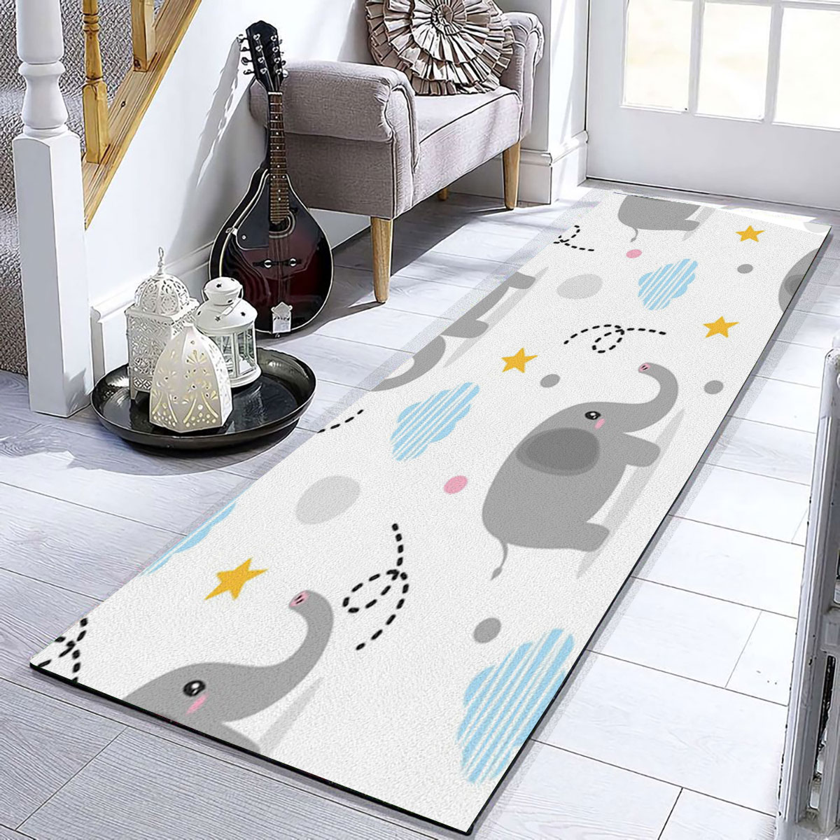 Cute Gray Asian Elephant Runner Carpet 6