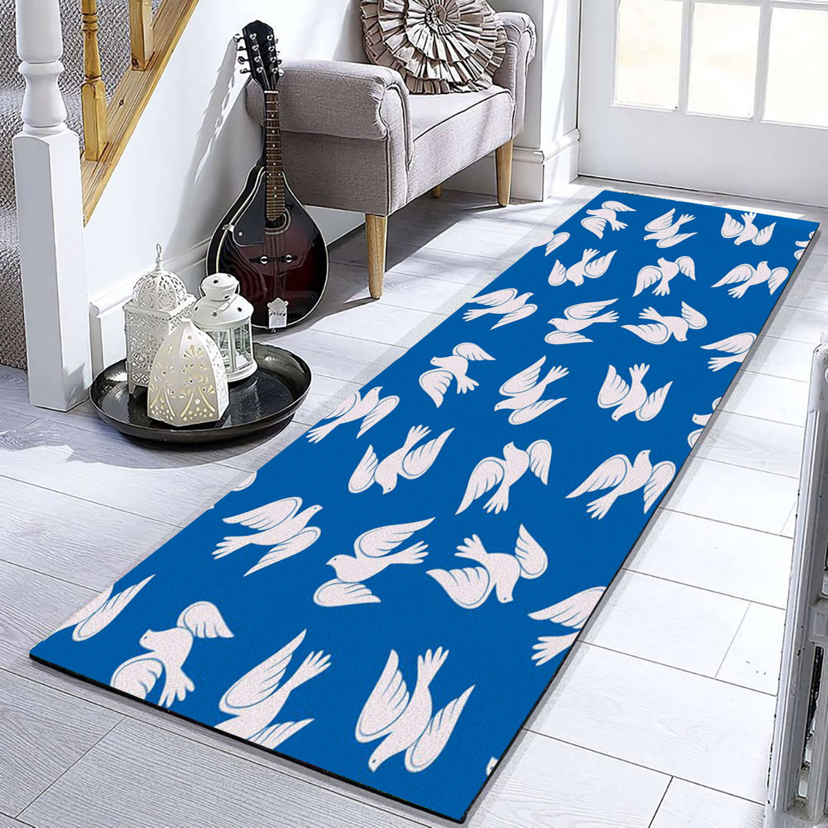 White Dove On Blue Monogram Runner Carpet 6