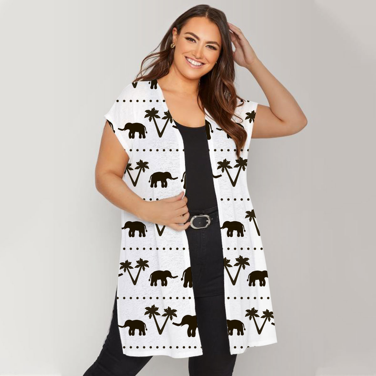 Black And White African Elephant Short Sleeve Cardigan 6