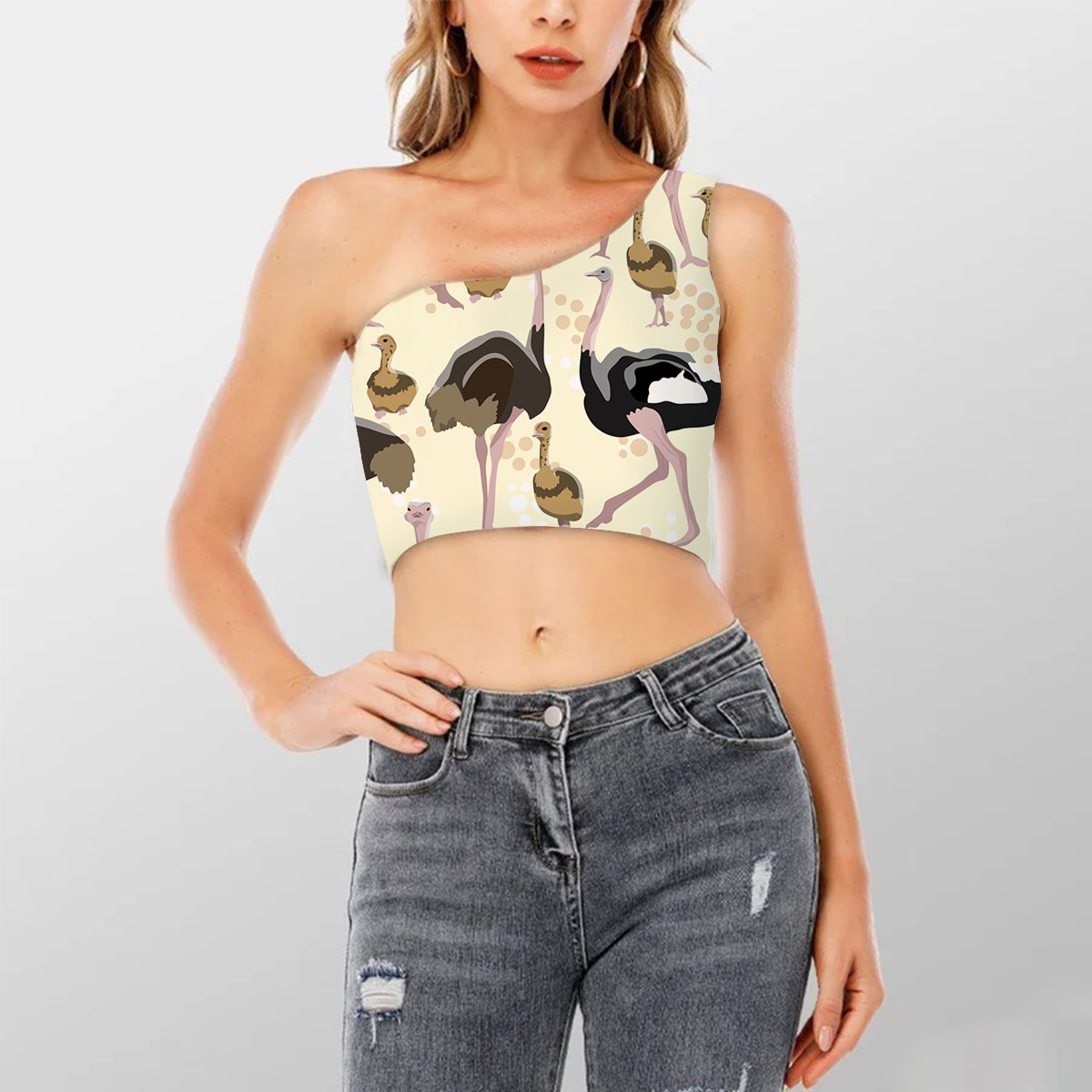 African Ostrich Family Coon Shoulder Cropped Top 6