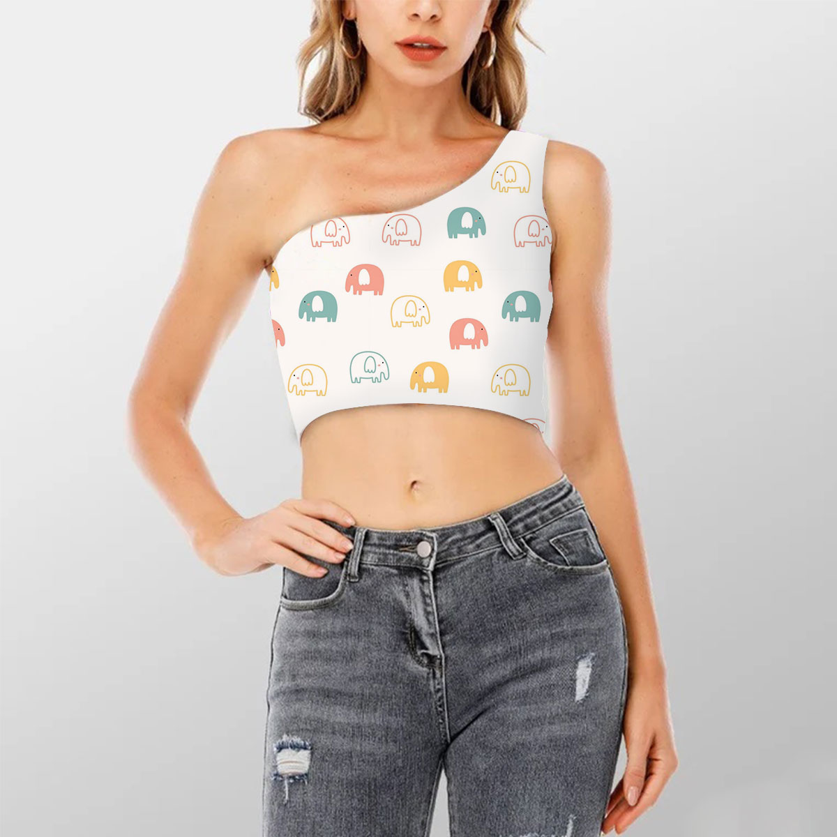 Baby Cartoon Asian Elephant Shoulder Cropped Top 6