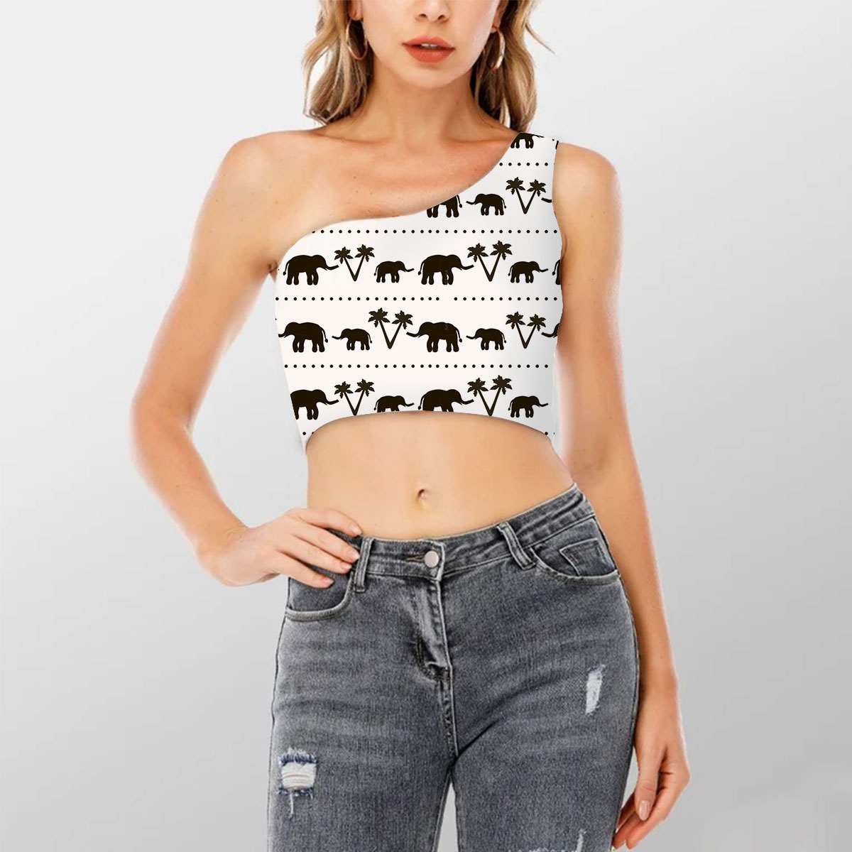 Black And White African Elephant Shoulder Cropped Top 6
