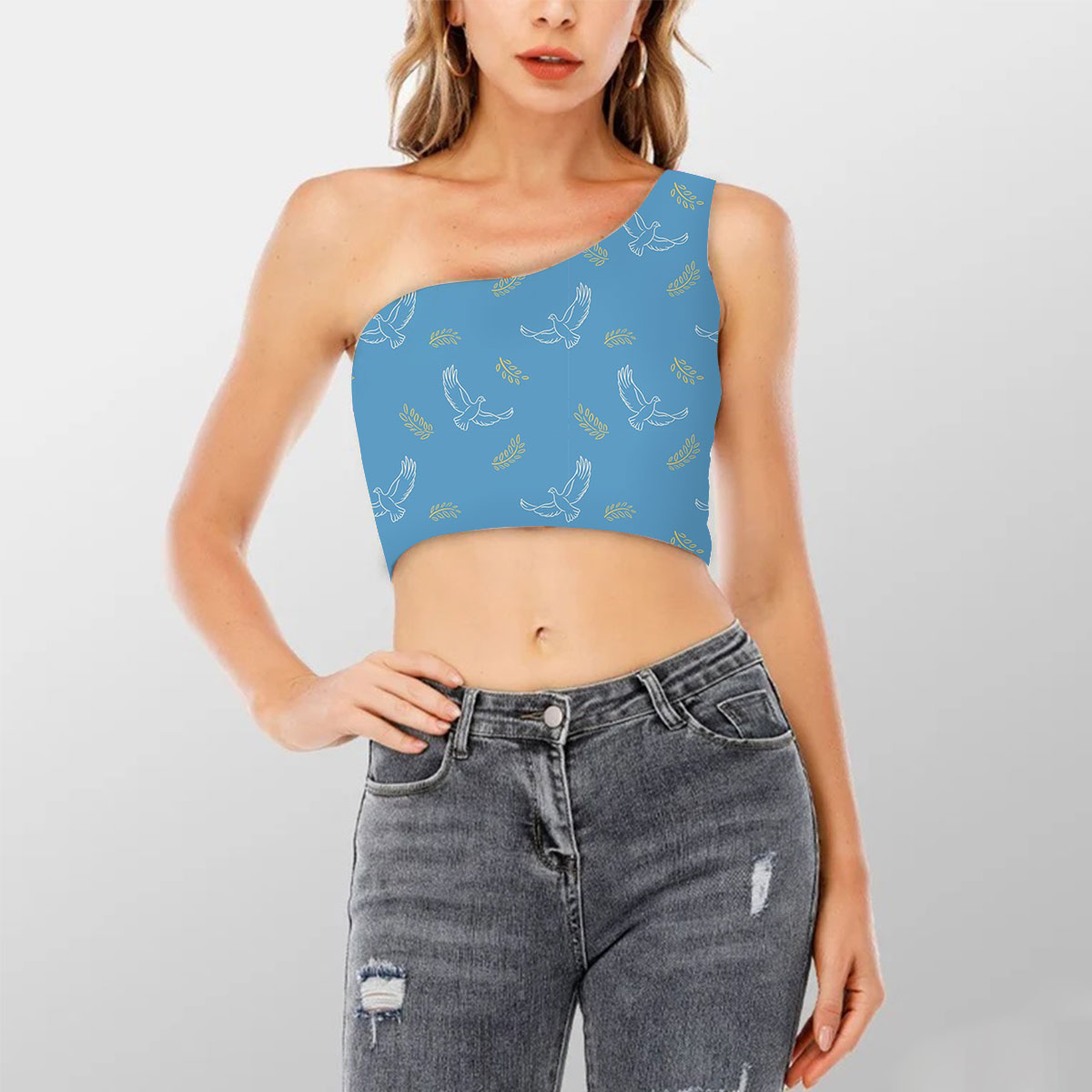 Blue Background Dove Peace Shoulder Cropped Top 6