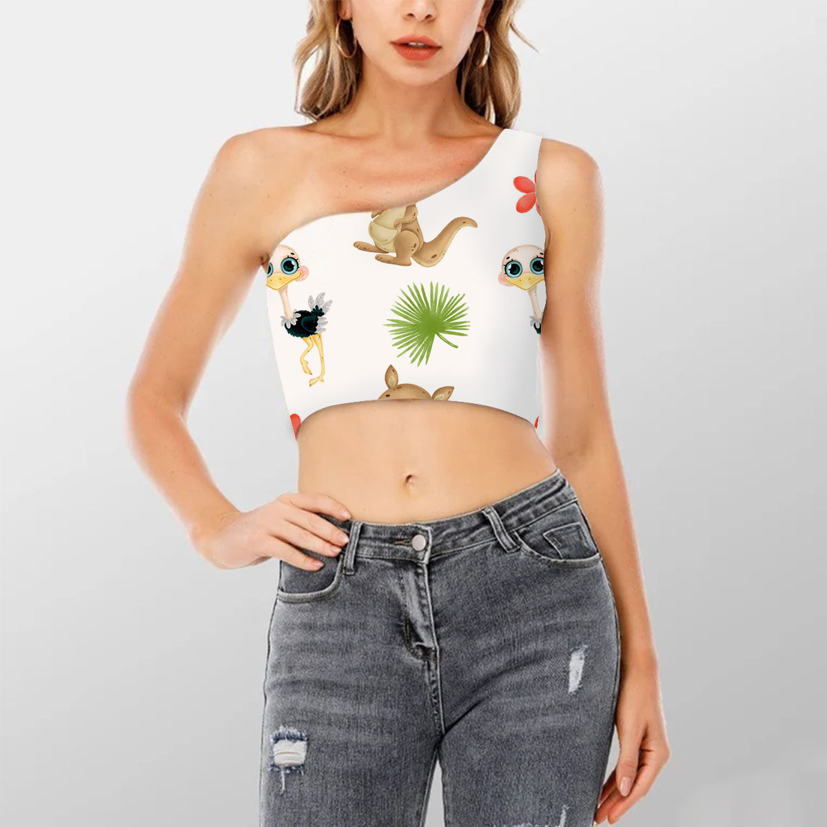 Cute Tropical Ostrich And Kangaroo Shoulder Cropped Top 6