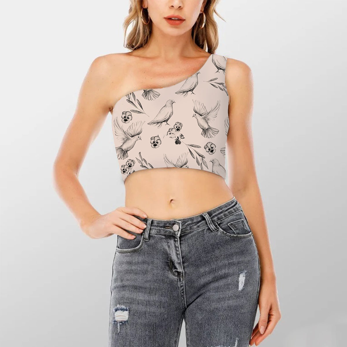 Hand Draw Floral Dove Shoulder Cropped Top 6