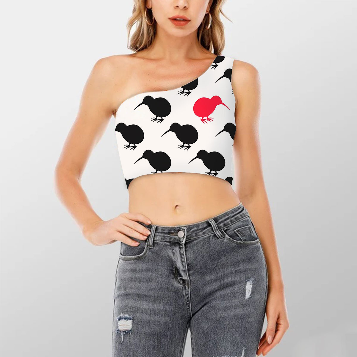 Lonely Red Kiwi Bird Shoulder Cropped Top 6