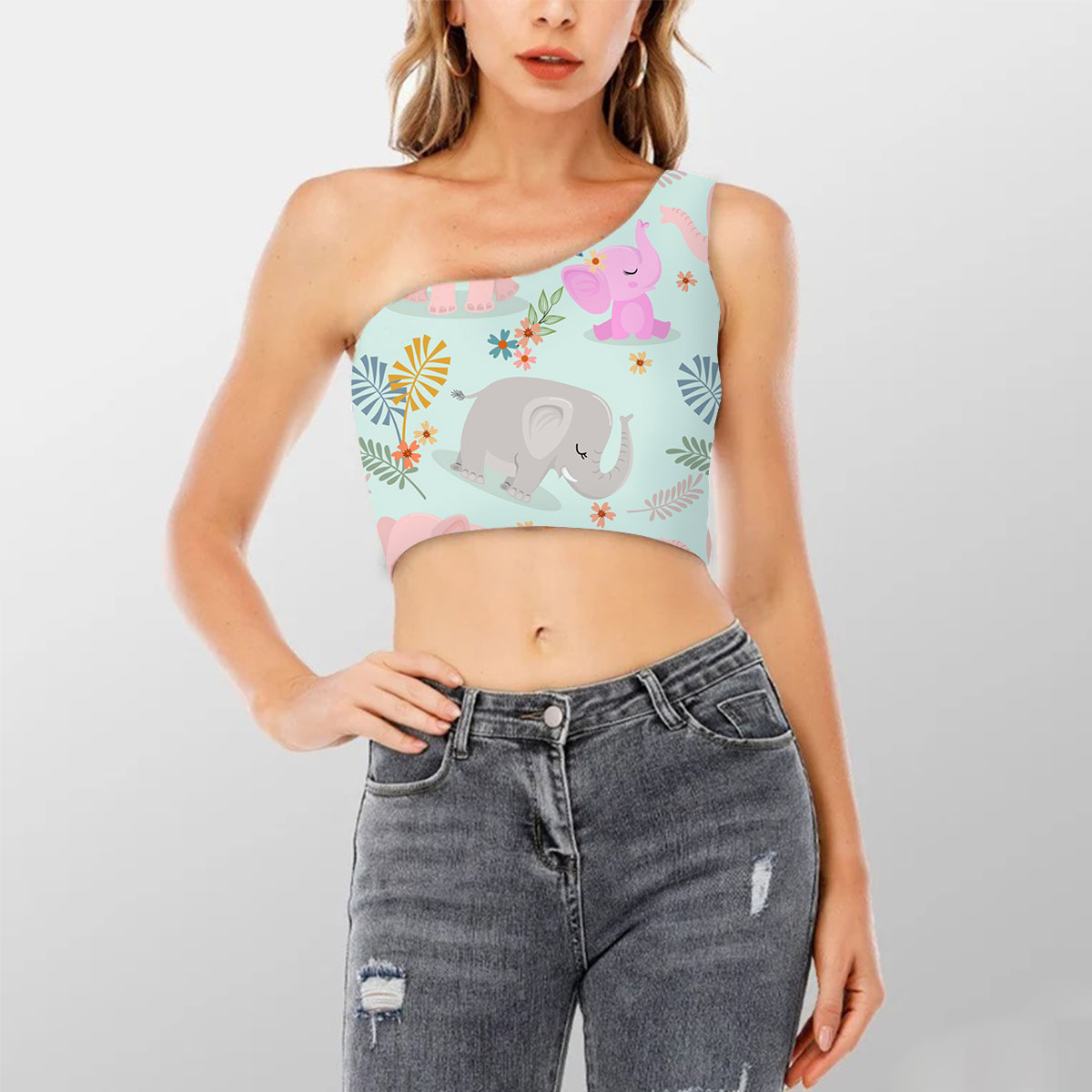 Lovely Asian Elephant Family Shoulder Cropped Top 6