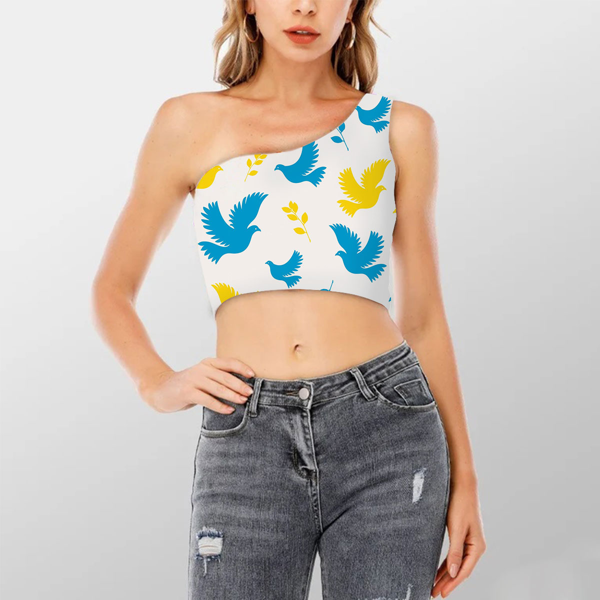 Peace Blue Yellow Dove Flyings Shoulder Cropped Top 6