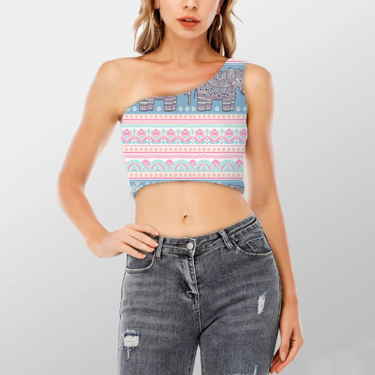 Pink Bohemian Indian Elephant Shoulder Cropped Top 6