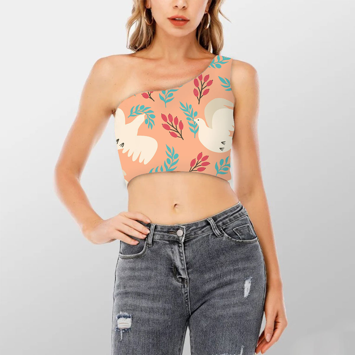 White Dove With Olive Branch Shoulder Cropped Top 6