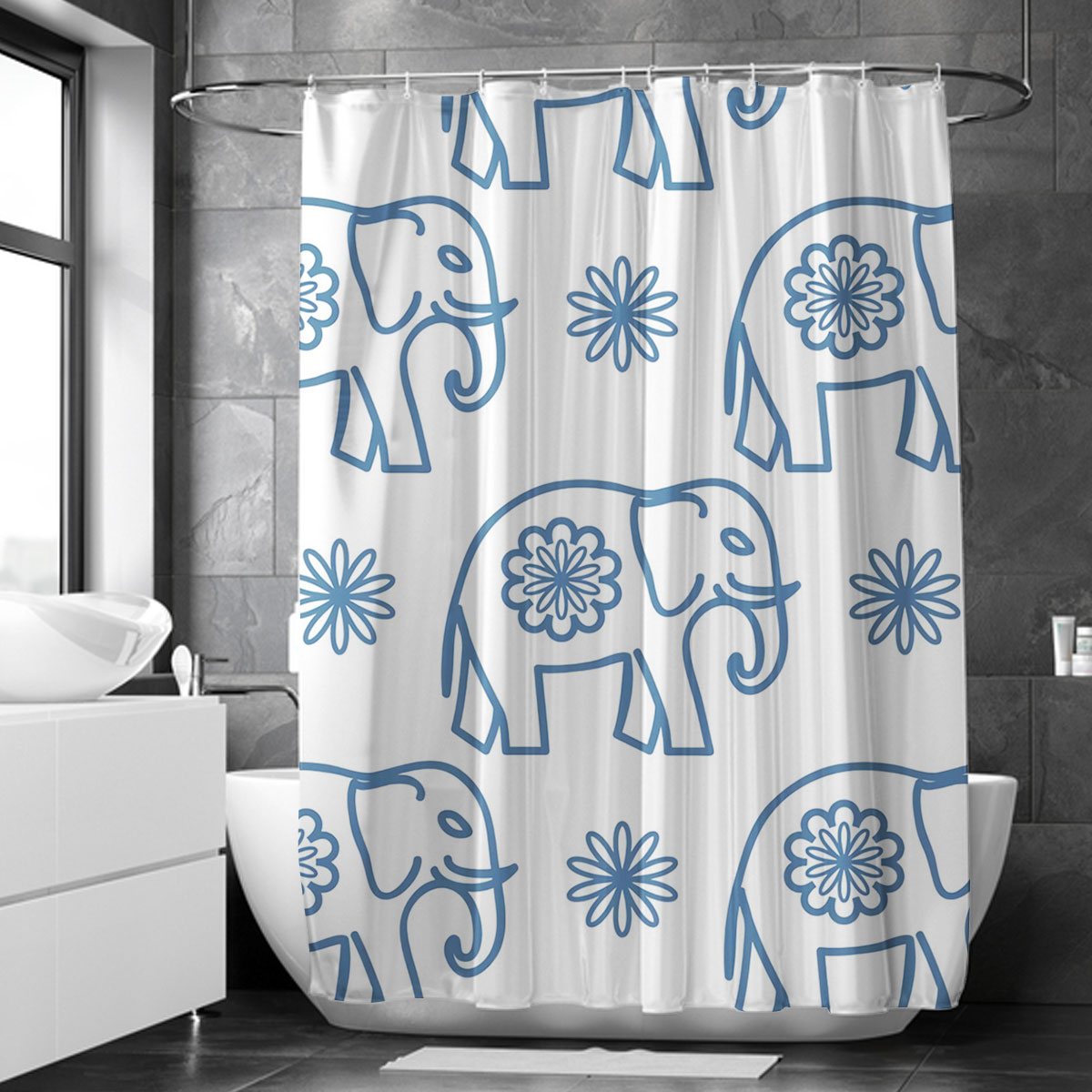 Blue Flower Asian Elephant Shower Curtain 6