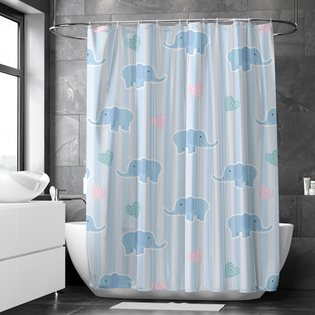 Cartoon Blue Asian Elephant Shower Curtain 6