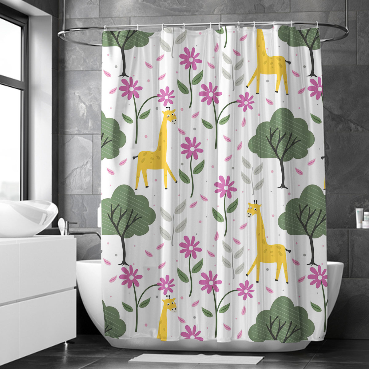 Cartoon Floral Giraffe Shower Curtain 6