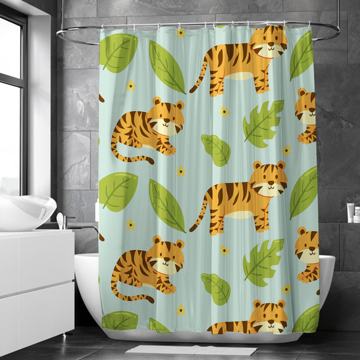 Cartoon Green Leaf Tiger Shower Curtain 6