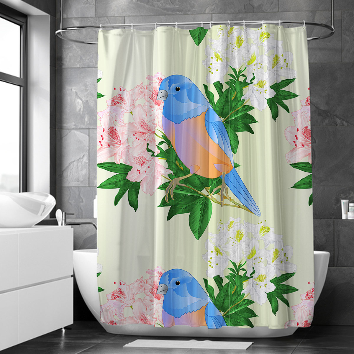Floral Blue Thrush Shower Curtain 6