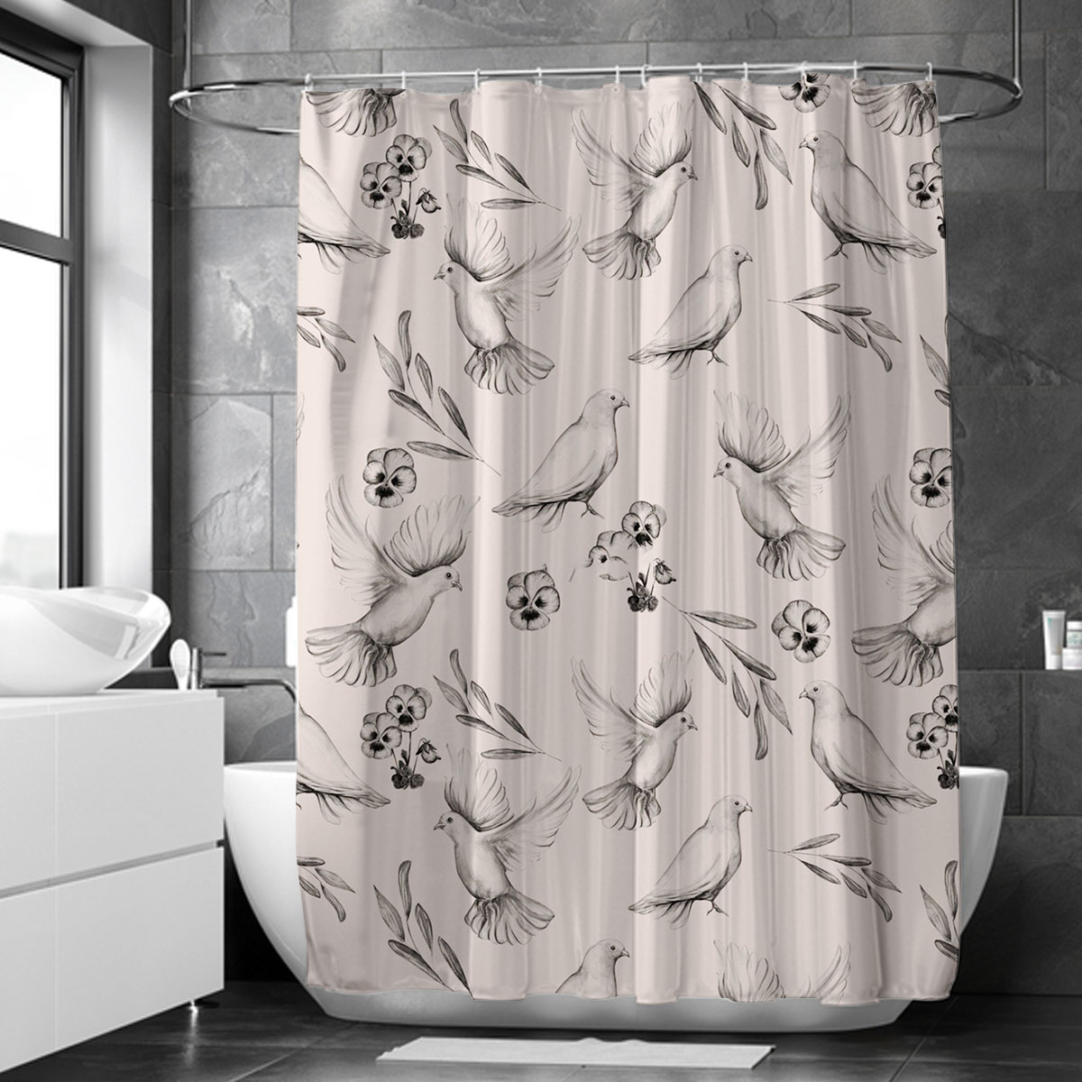 Hand Draw Floral Dove Shower Curtain 6