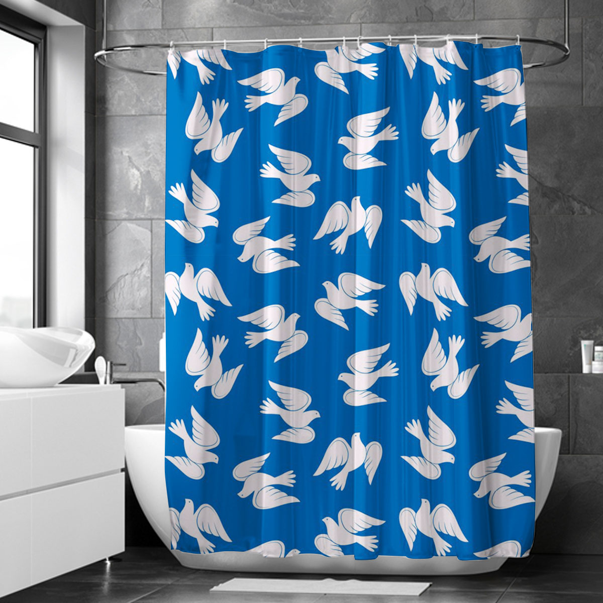 White Dove On Blue Monogram Shower Curtain 6