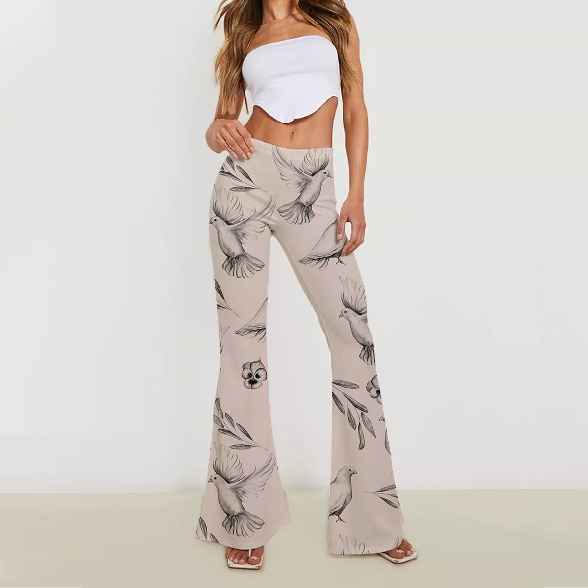 Hand Draw Floral Dove Skinny Flare Pants 6
