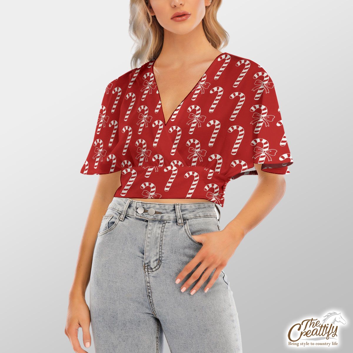 Candy Cane Red Christmas Bat Sleeve Crop Top