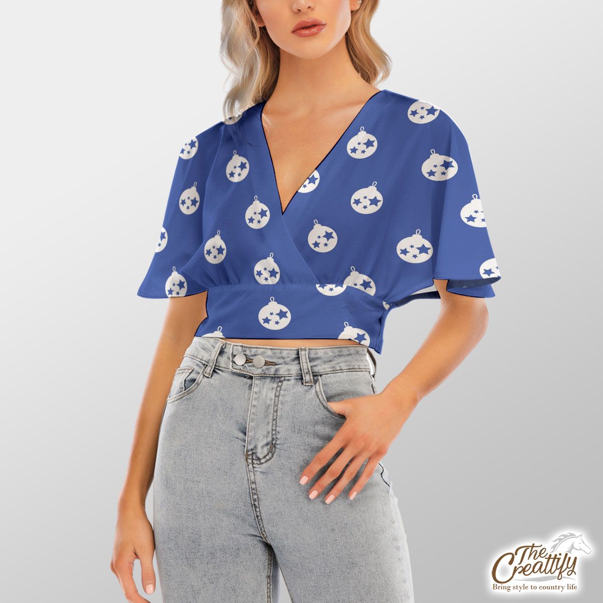 Christmas Balls On The Navy Blue Background Bat Sleeve Crop Top