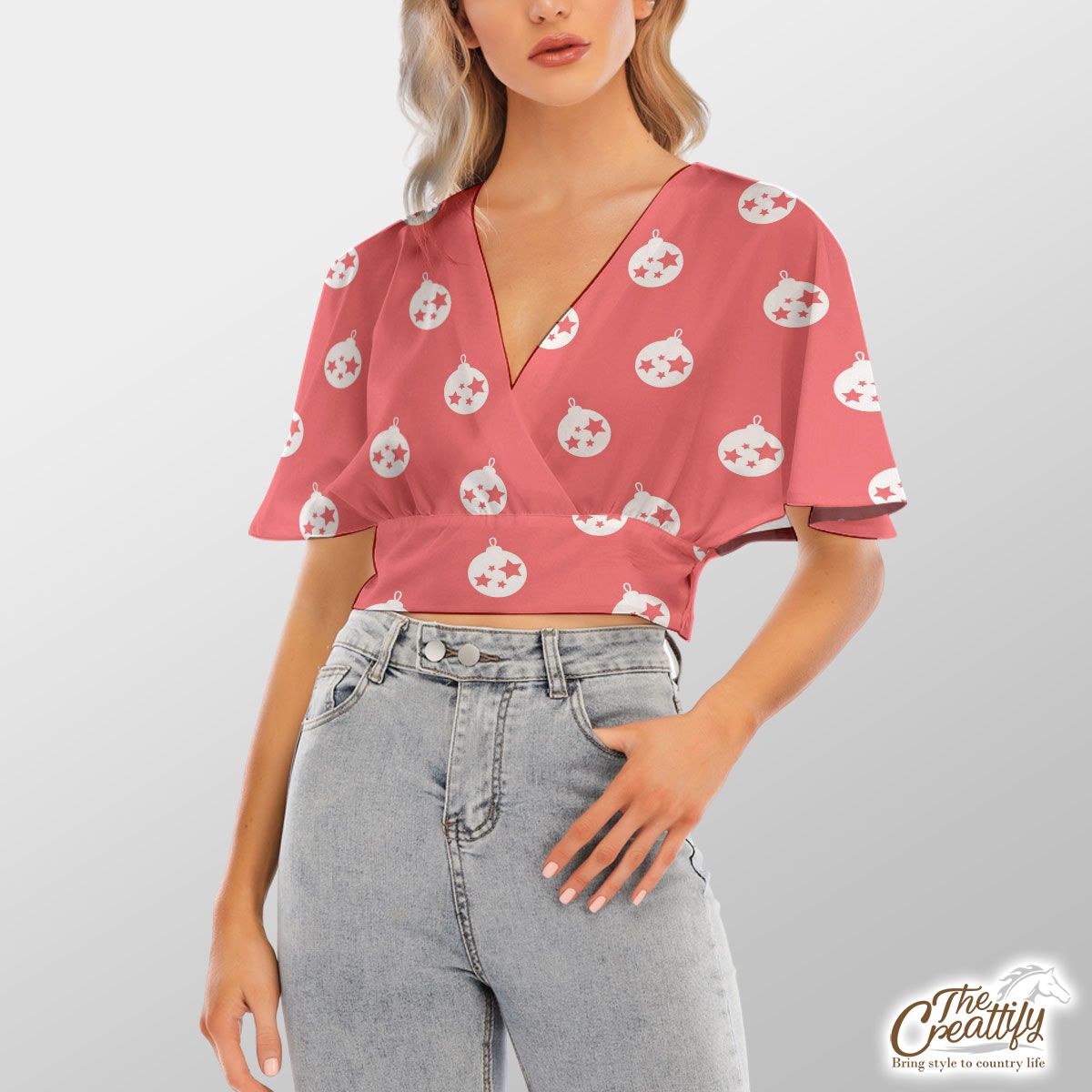 Christmas Balls On The Pink Background Bat Sleeve Crop Top