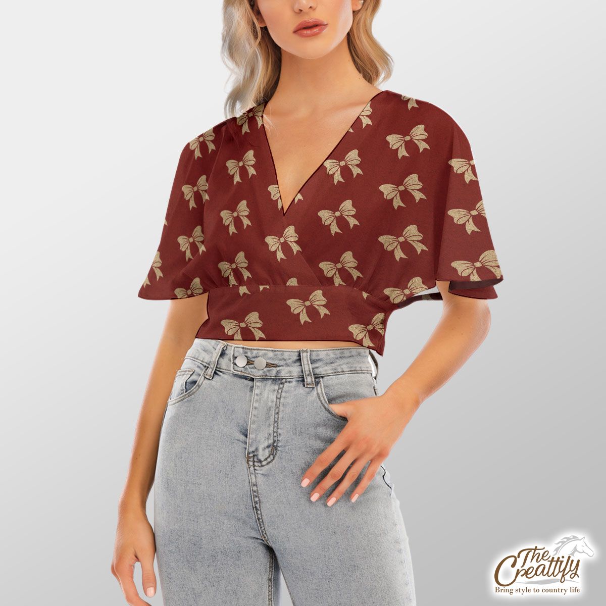 Christmas Bow, Christmas Tree Bows On Red Bat Sleeve Crop Top