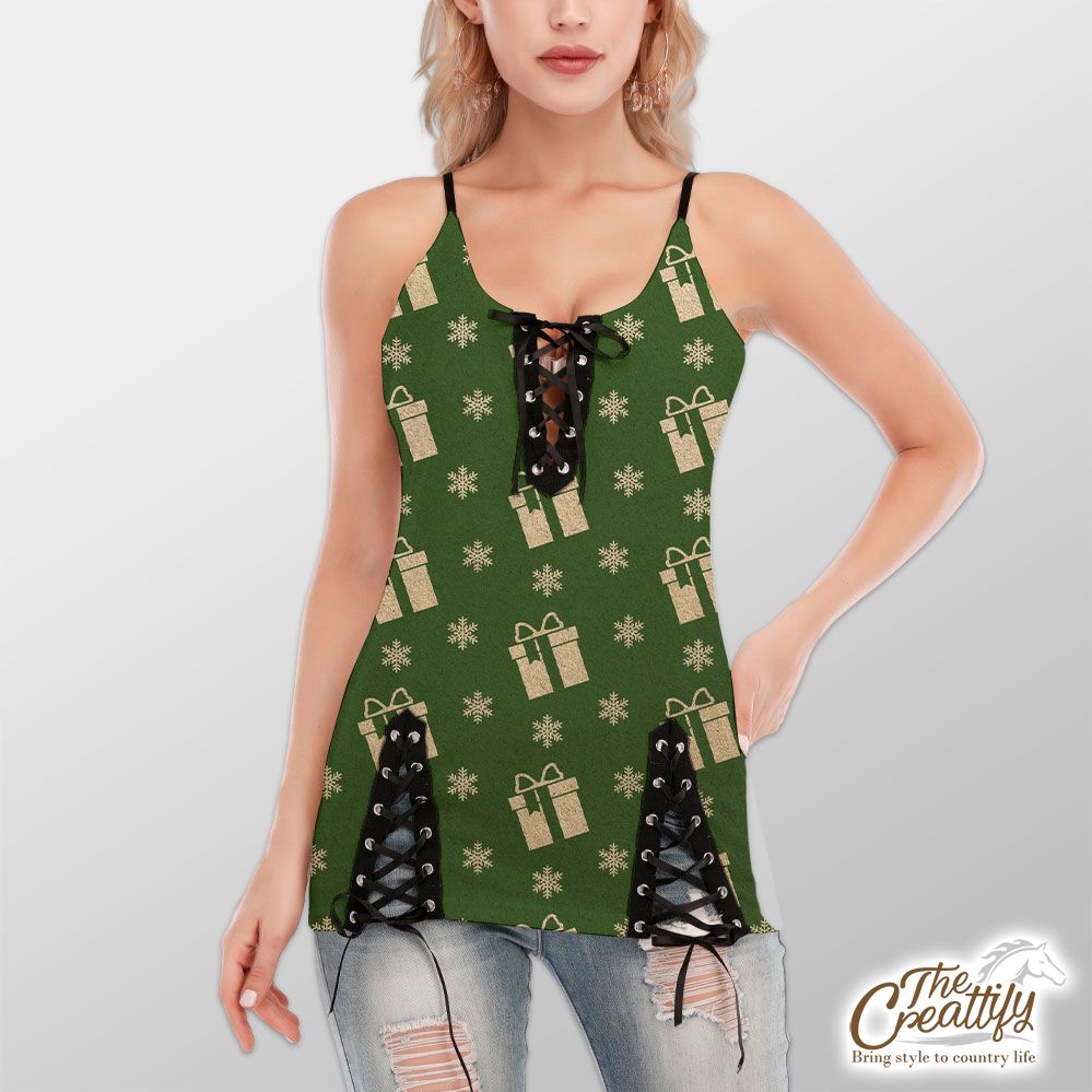 Christmas Presents And Snowflakes Seamless Pattern Green Background V-Neck Lace-Up Cami Dress