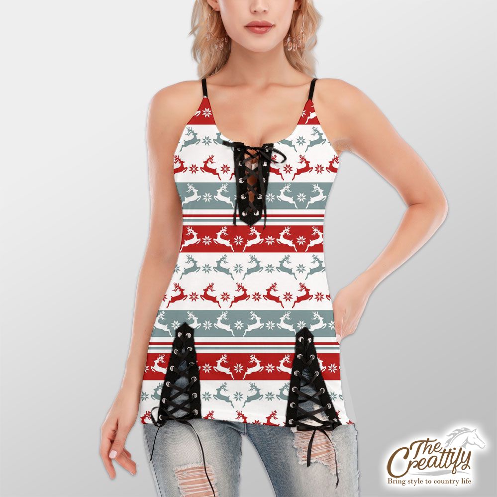 Colorful Christmas Reindeer, Snowflake Pattern V-Neck Lace-Up Cami Dress