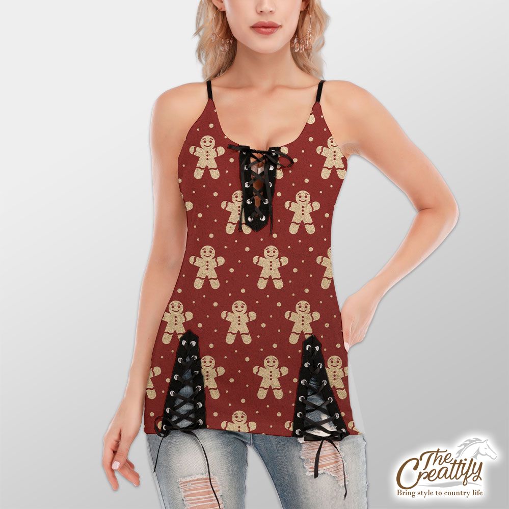 Gingerbread Man Cookies, Christmas Gingerbread With Snowflake Background Red V-Neck Lace-Up Cami Dress